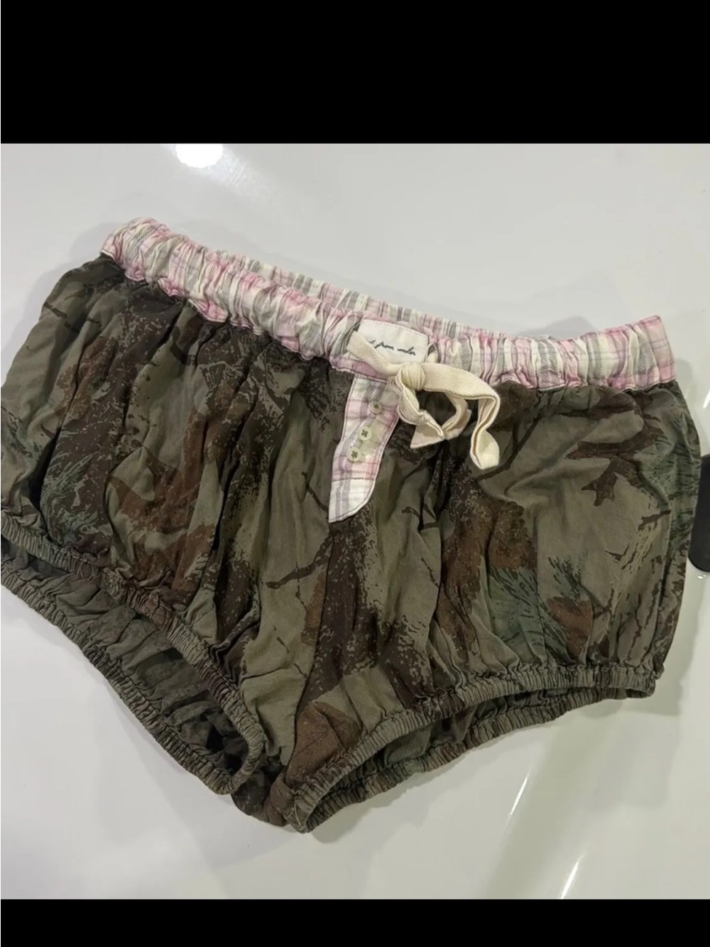 Urban Outfitters Olive Camo Shorts with Pink Plaid Trim